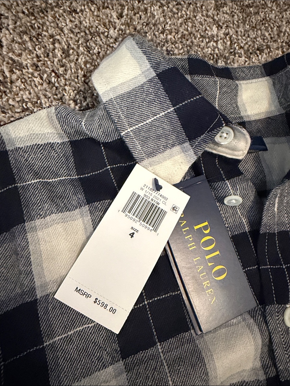 NWT Polo by Ralph Lauren Navy & White Wool Plaid Maxi Shirt Dress & Belt Size 4 - Picture 2 of 7
